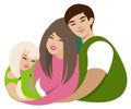 Asian Family hugs. Dad, mom, daughter cartoon flat illustration