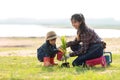 Asian family mom and kid daughter plant sapling tree outdoors in nature spring for reduce global Royalty Free Stock Photo