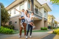 Asian family play togather with Mother father and daughter in home village Royalty Free Stock Photo