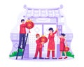 The Asian Family prepares for the Chinese Lunar New Year and decorates together the temple with lanterns. Happy Chinese new year Royalty Free Stock Photo