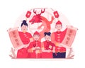 Asian Family in Traditional Chinese Costumes Holding Calligraphy Scroll Written Happy Chinese New Year With a Dragon