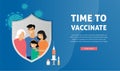 Asian Family Vaccination concept design. Time to vaccinate banner - syringe with vaccine for COVID-19, flu or influenza