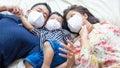 Asian family wearing protective visus Covid 19 and pm 2.5 N95 mask lying on white blanket Royalty Free Stock Photo