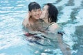 Asian Family, Young Boy Son and 40s Women Mother Having a Good Time Playing and Enjoying in Swimming Pool Royalty Free Stock Photo