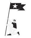 Asian fan boy holding flag with star flat line black white vector character Royalty Free Stock Photo