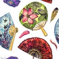 Asian fans with cherry blossom and flying swallows and round with lotus, red Spanish with black poppies, feathers