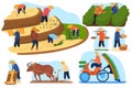 Asian farm rice fields vector illustration set, cartoon flat farmer people work on terraced agricultural rice