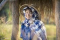 Asian farmer girl working at rice field on harvest season Royalty Free Stock Photo