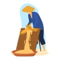 Asian farmer harvesting rice, traditional method, conical hat. Rural agriculture and cultural farming practice vector Royalty Free Stock Photo