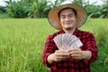 Asian farmer man is at paddy field, wears hat and red plaid shirt, hold Thai banknote money. Royalty Free Stock Photo