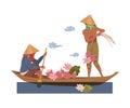 Asian Farmer in Straw Conical Hat on Boat Picking Lotus Flowers Vector Illustration