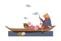 Asian Farmer in Straw Conical Hat on Boat Picking Lotus Flowers Vector Illustration