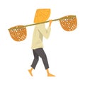 Asian Farmer in Straw Conical Hat Carrying Long Pole with Wicker Baskets on his Shoulders Cartoon Style Vector