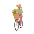 Asian Farmer in Straw Conical Hat Cycling with Rice Grass in Wicker Basket Vector Illustration