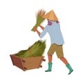 Asian Farmer in Straw Conical Hat Gathering Bundles of Rice Grass in Wooden Crate Vector Illustration