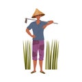 Asian Farmer in Straw Conical Hat Holding Hoe on His Shoulders Vector Illustration