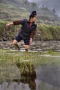 Asian farmer woman walking barefoot through mud of rice fields. Royalty Free Stock Photo