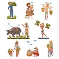 Asian Farmers in Straw Conical Hat Working on Field Vector Set Royalty Free Stock Photo