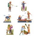 Asian Farmers in Straw Conical Hat Working on Field Vector Set