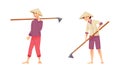 Asian farmers working on farm set. Peasants in straw conical hats working with hop on field cartoon vector illustration