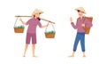 Asian farmers working on farm set. Peasants in straw conical hats planting and harvesting rice and tea on field cartoon Royalty Free Stock Photo