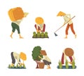 Asian farmers working on field set. Peasants characters in straw conical hat planting and harvesting rice cartoon vector