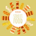 Asian fast food round border. Korean street food on stick festival frame banner. Corndog hotdog, fish cake, tornado potato, rice Royalty Free Stock Photo