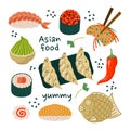 Asian fast food vector set. Tasty Japanese and Korean snacks - gyoza, nigiri, sushi maki, kimchi, taiyaki. Spicy Royalty Free Stock Photo