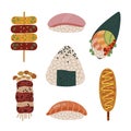 Asian fast food vector set. Tasty Japanese and Korean snacks - onigiri, sushi, temaki, tteokbokki, bacon wrapped enoki