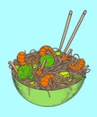 Asian fastfood with noodles shrimps, pepper, vegetables in a plate. Hand drawn