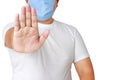 Asian fat man wearing blue cloth mask Raise your hand, do not come near To prevent the spread of the virus.