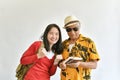 Asian Father and daughter, Cheerful elderly old man having vacation trip with family.