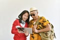 Asian Father and daughter, Cheerful elderly old man having vacation trip with family.