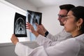 Two doctors studying a skull and a ribs x-ray images. Royalty Free Stock Photo