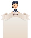 Asian Female Chef Looking at Blank Menu on Top Royalty Free Stock Photo