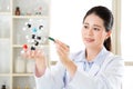 Asian female chemist teacher point at molecular model explain Sc Royalty Free Stock Photo