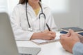 female doctor advice consulting diagnosis and check-up at hospital clinic. Patient explain health problems and symptoms to