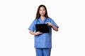 Asian female doctor standing in uniform while showing a tablet screen Royalty Free Stock Photo