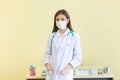 Asian female doctor stood wearing a white robe, wearing a mask a