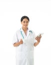 The Asian female doctor with uniform and stethoscope on neck