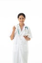 The Asian female doctor with uniform and stethoscope on neck