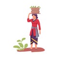 Asian Female Farmer Carrying Wicker Basket on Her Head Vector Illustration