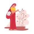 Asian Female Farmer Dressed in Saree Gathering Cotton Flower Vector Illustration Royalty Free Stock Photo