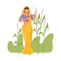 Asian Female Farmer with Hook Reaping Plant Vector Illustration