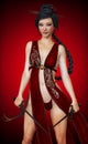 Asian female, fighter posing with sai weapons in costume with a red gradient background .