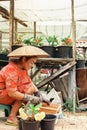 Asian female gardener is preparing soil for planting flowers into the pot in outdoor garden Royalty Free Stock Photo