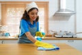 Asian female housewife using table cloth and sprayer in kitchen at home Royalty Free Stock Photo