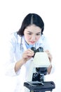 Asian female medical technologist with microscope