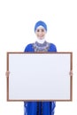 Asian female muslim hold copyspce board - isolated Royalty Free Stock Photo