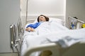 Asian female patient sleeping on hospital bed with blanket covered. Royalty Free Stock Photo